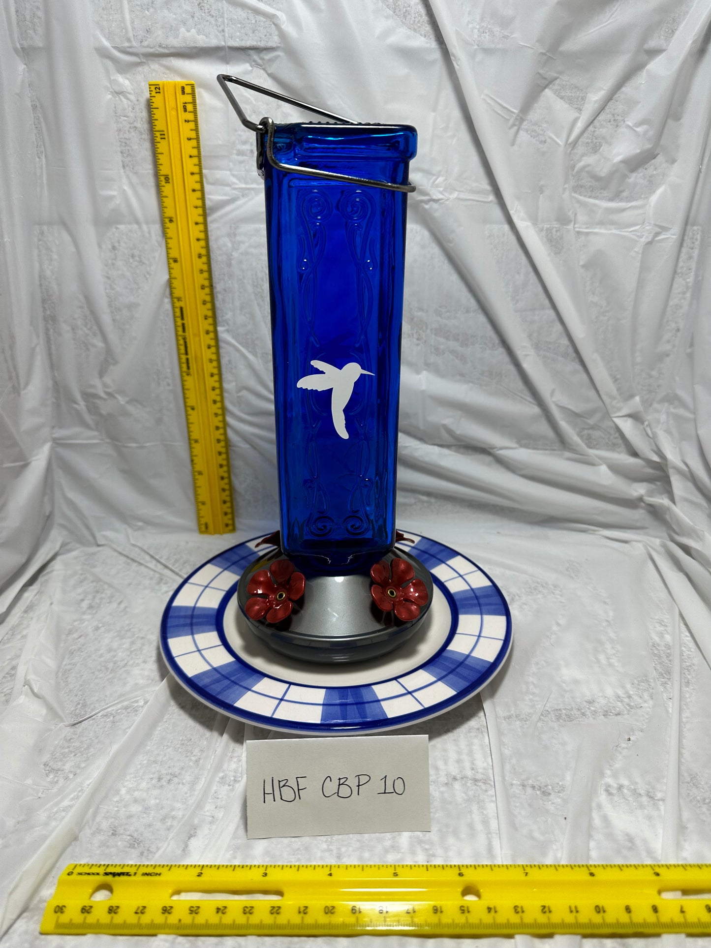 Hummingbird Feeder Cobalt Blue Top Plaid Bottom 10