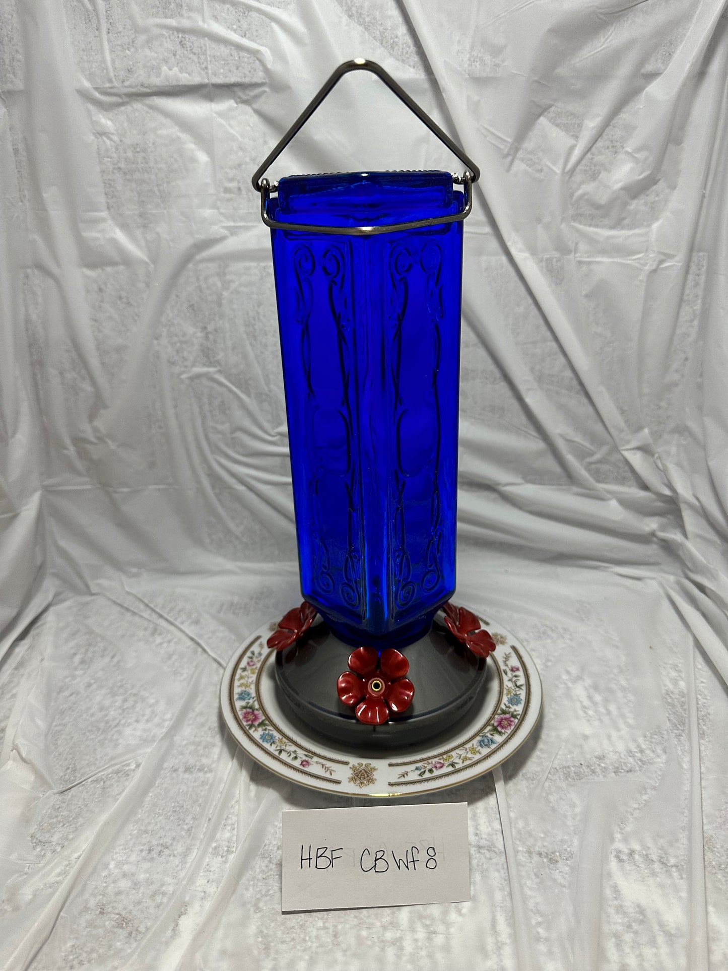 Hummingbird Feeder Cobalt Blue Top White flower Bottom 8
