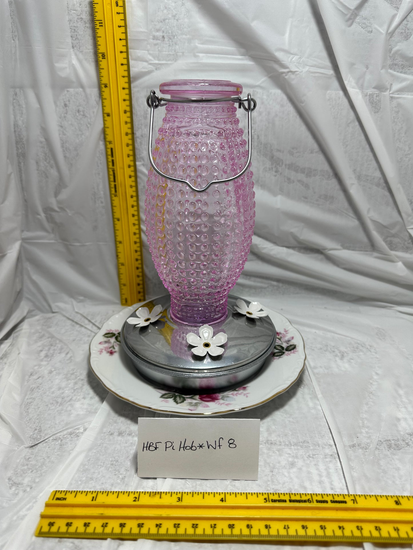 Hummingbird Feeder Dark Pink Hobnail Top White flower Bottom 8 (Copy)