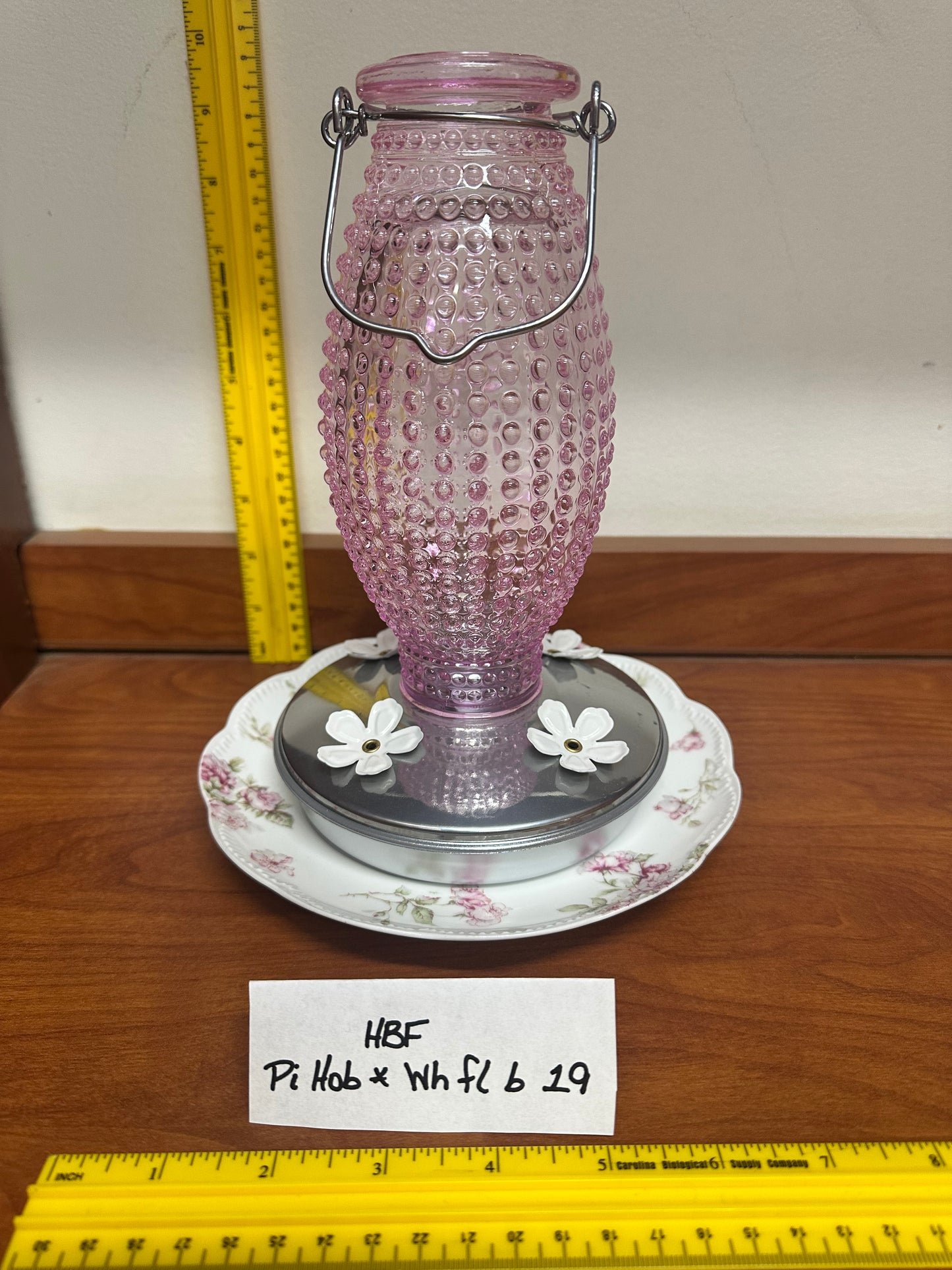 Hummingbird Feeder Dark Pink Hobnail Top White flower Bottom 17 & 19