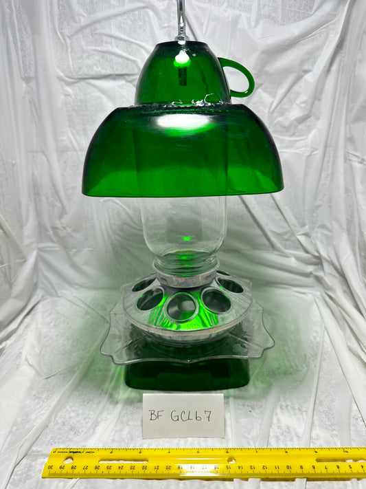 Birdfeeder Green Glass w/Clear plate w/bottom 7