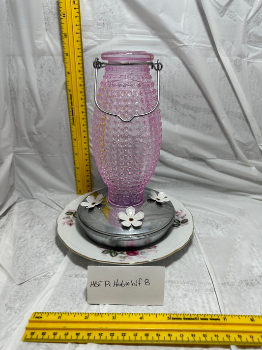 Hummingbird Feeder Dark Pink Hobnail Top White flower Bottom 8 (Copy)