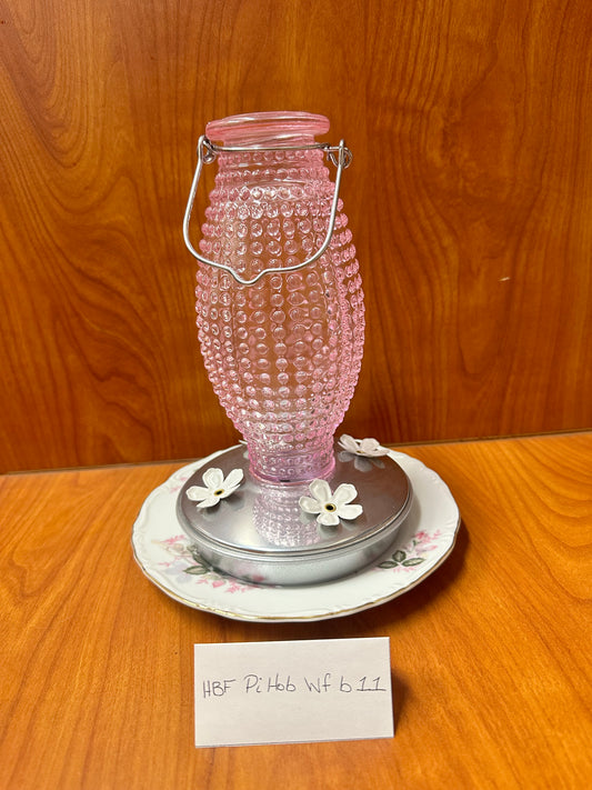 Hummingbird Feeder Pink Hobnail Top White flower Bottom 11
