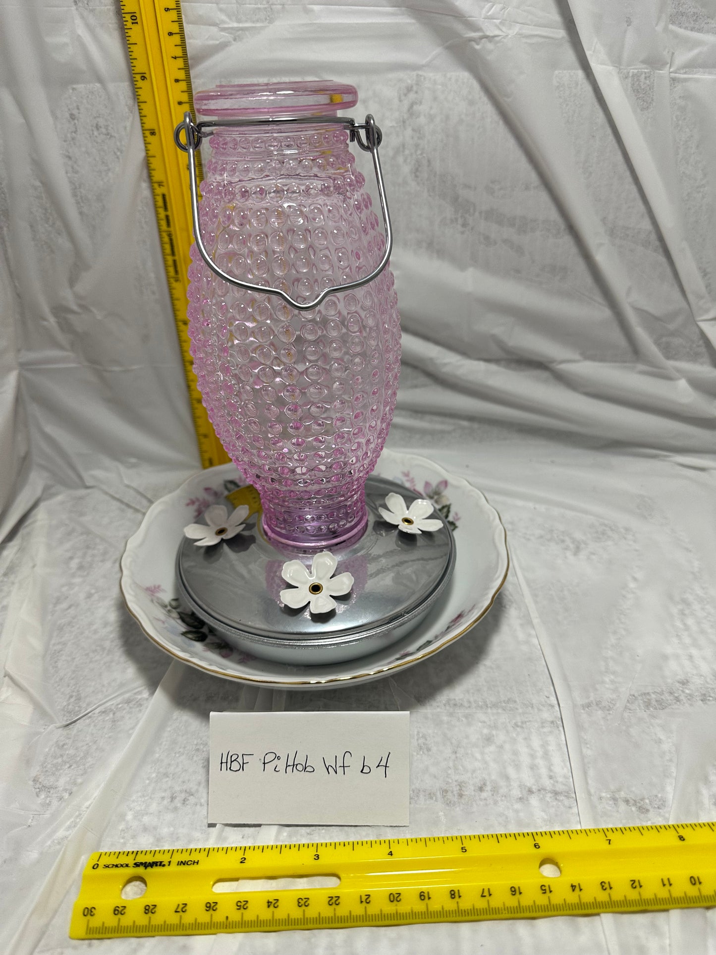 Hummingbird Feeder Pink Hobnail Top White flower Bottom 5