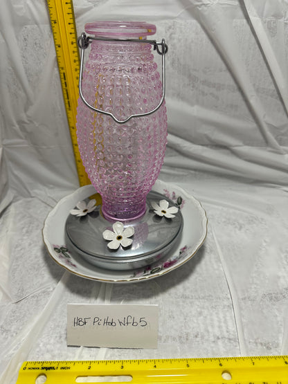 Hummingbird Feeder Pink Hobnail Top White flower Bottom 5