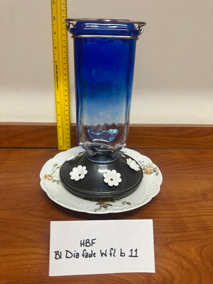Hummingbird Feeder Blue Diamond fade w/ White flower b 8 & 9 & 10 & 11
