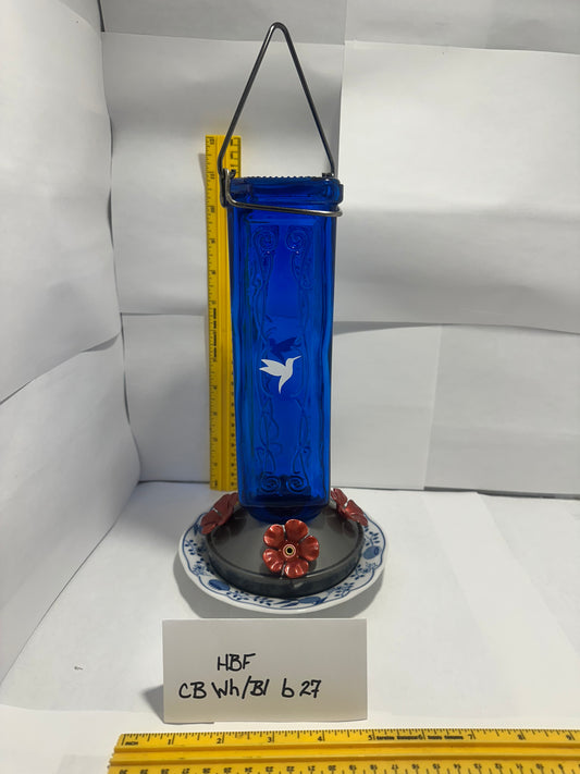 Hummingbird Feeder Cobalt Blue w/White and blue bottom 27
