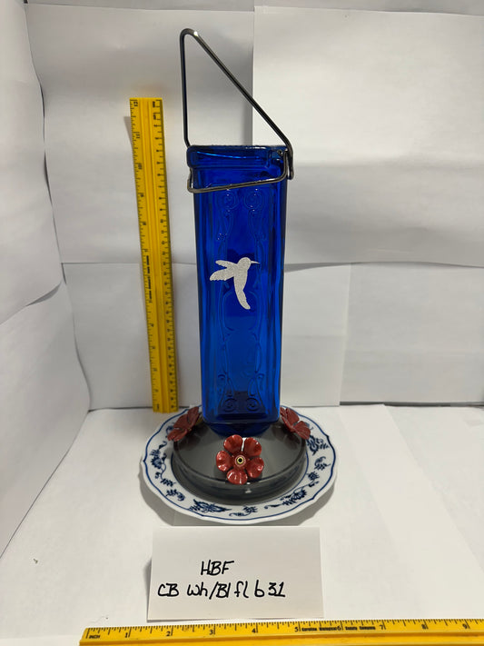 Hummingbird Feeder Cobalt Blue w/White and blue flower bottom 31