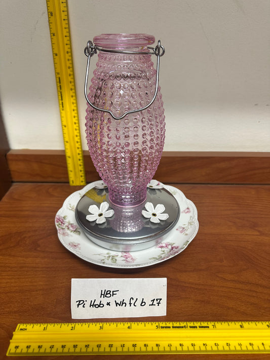 Hummingbird Feeder Dark Pink Hobnail Top White flower Bottom 17 & 19