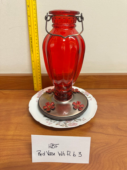 Hummingbird Feeder Red Vase w/white flower base 3