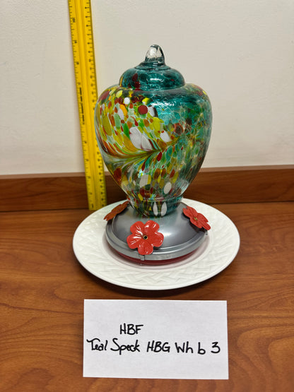 Hummingbird Feeder Teal Speck HBG Wh Bottom 3 & 4