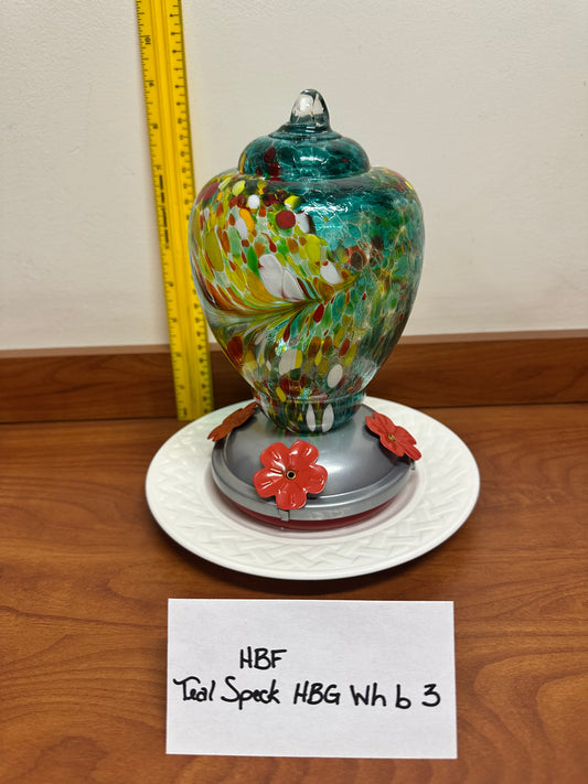 Hummingbird Feeder Teal Speck HBG Wh Bottom 3 & 4
